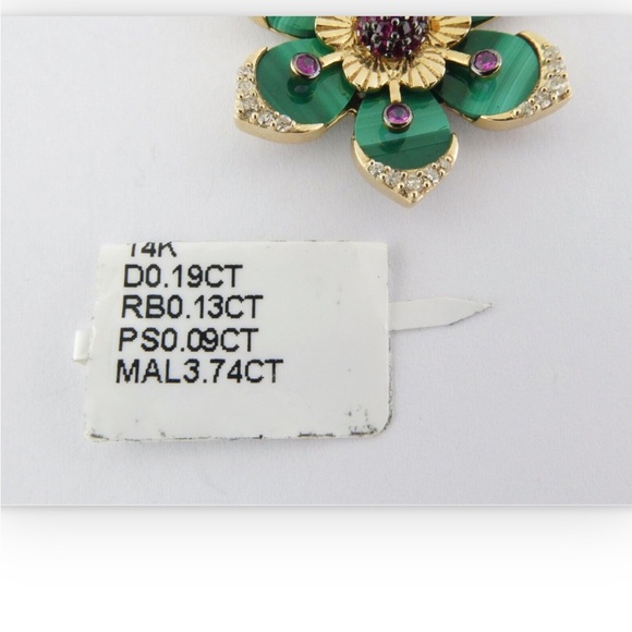 New 14K Yellow Gold Malachite Diamond Ruby Pink Sapphire Flower Pendant or Charm - Picture 5 of 8